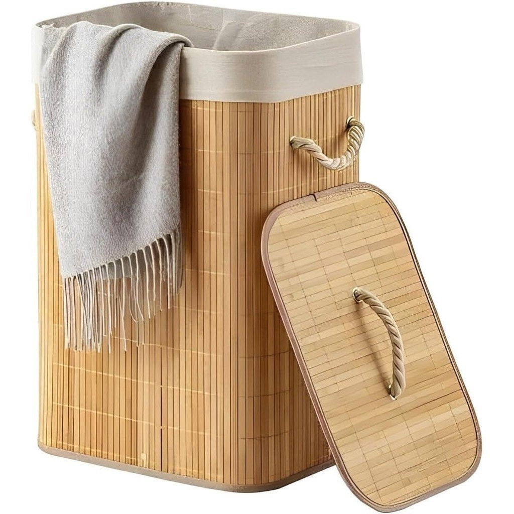 Cesto de Roupa de Bambu Dobrável 72L