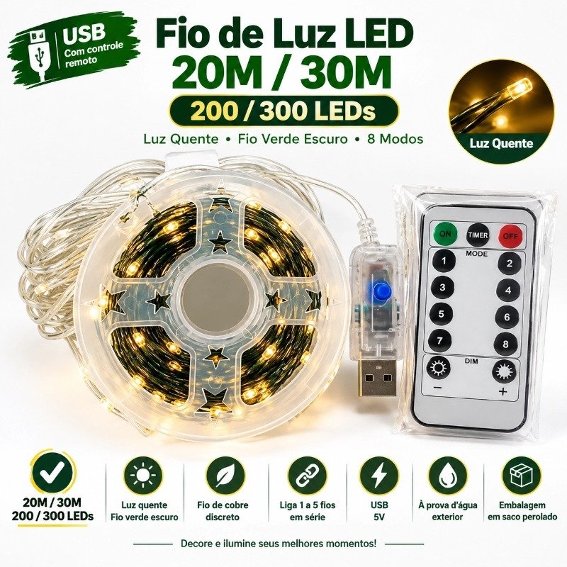 Fio de Fada 20m com 200 LEDs e Controle