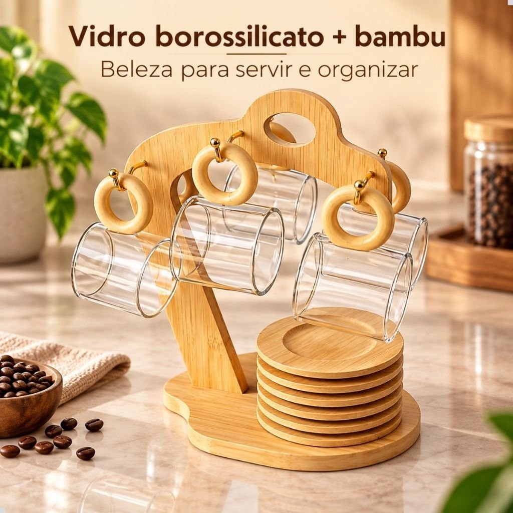 Jogo 6 Xícaras de Vidro com Suporte de Bambu