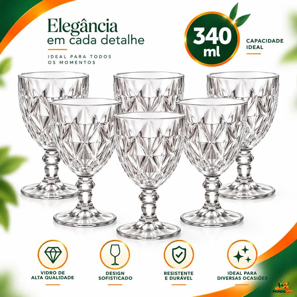 Kit 6 Taças de Vinho de Vidro Cristal